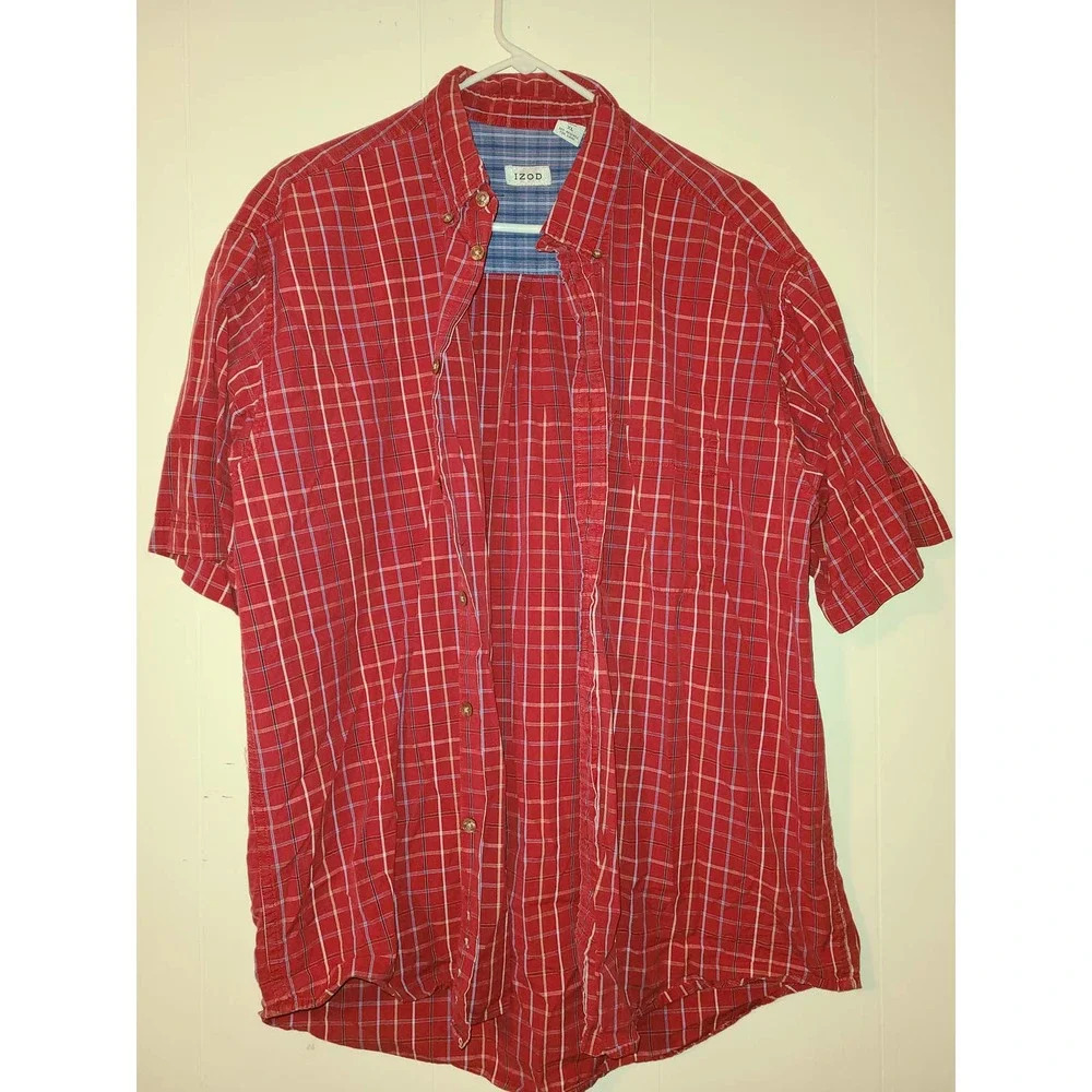 Izod Button Down Shirt Men's Size XL Plaid Short Sleeve Front Pocket (L)